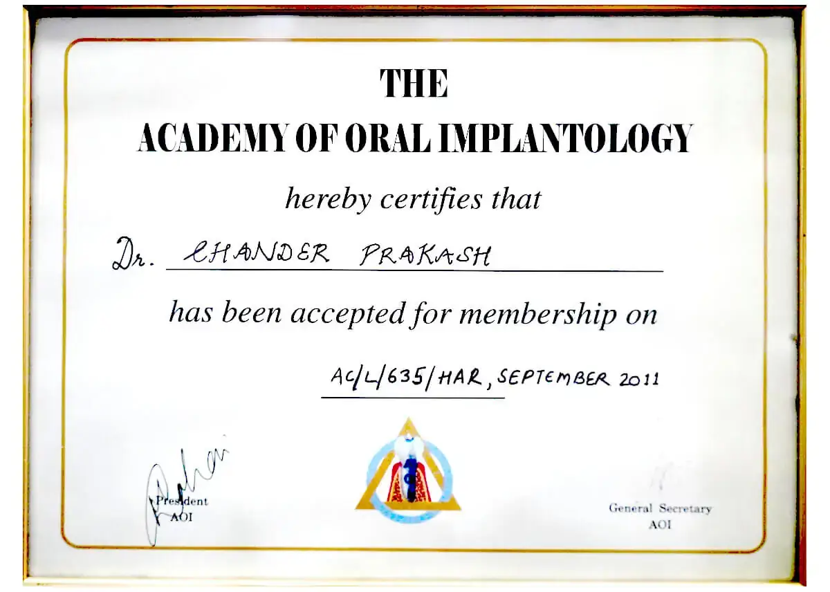 Academy Of Oral Implantology - Certificate
